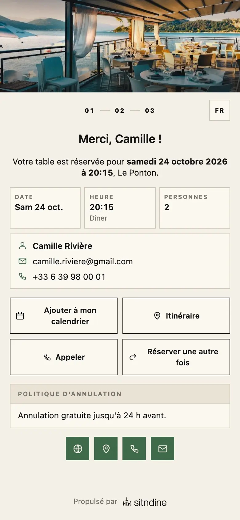 Confirmation de la réservation