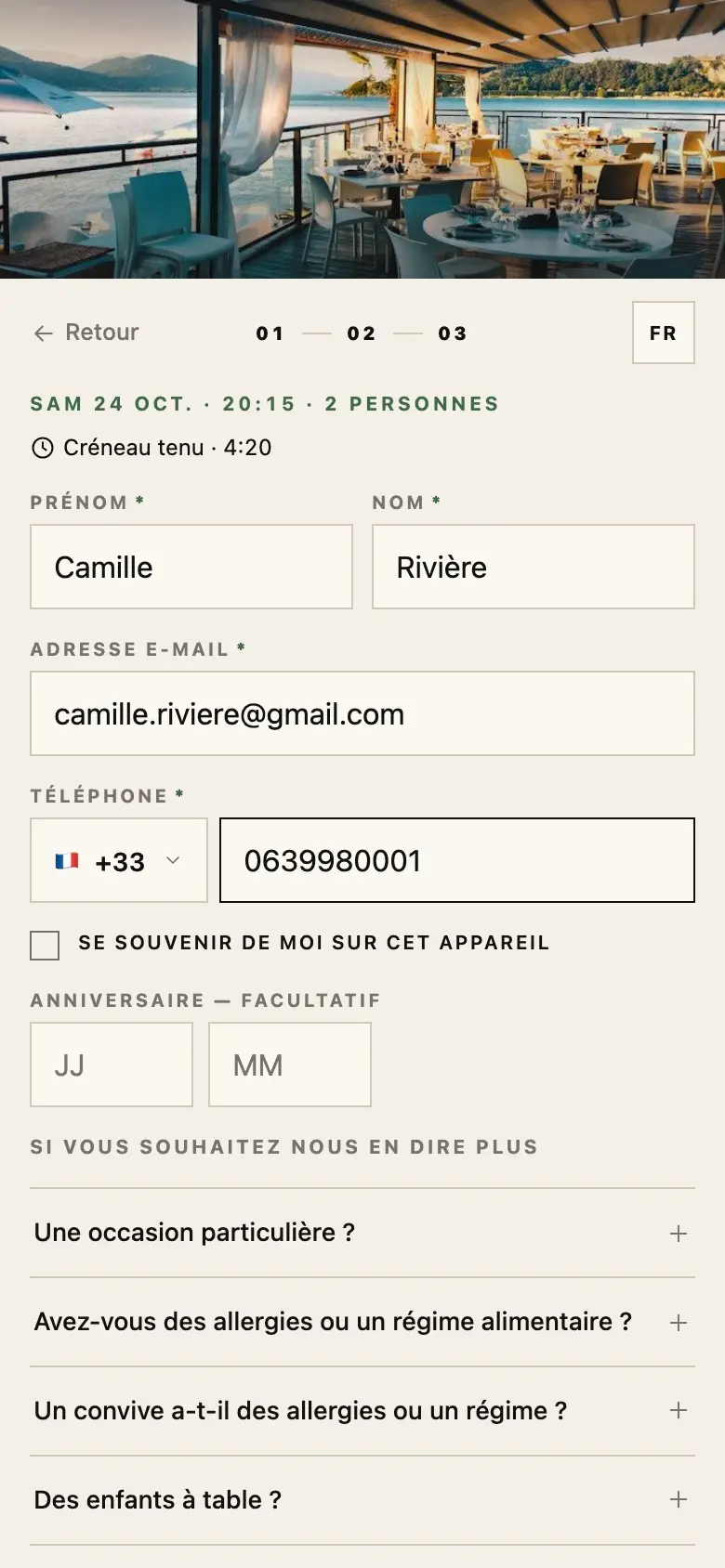 Coordonnées du client dans le formulaire