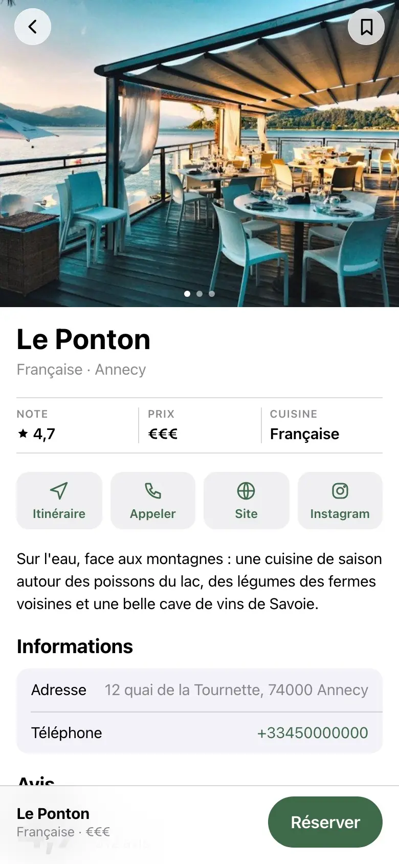 La page du restaurant dans l'app SitnDine