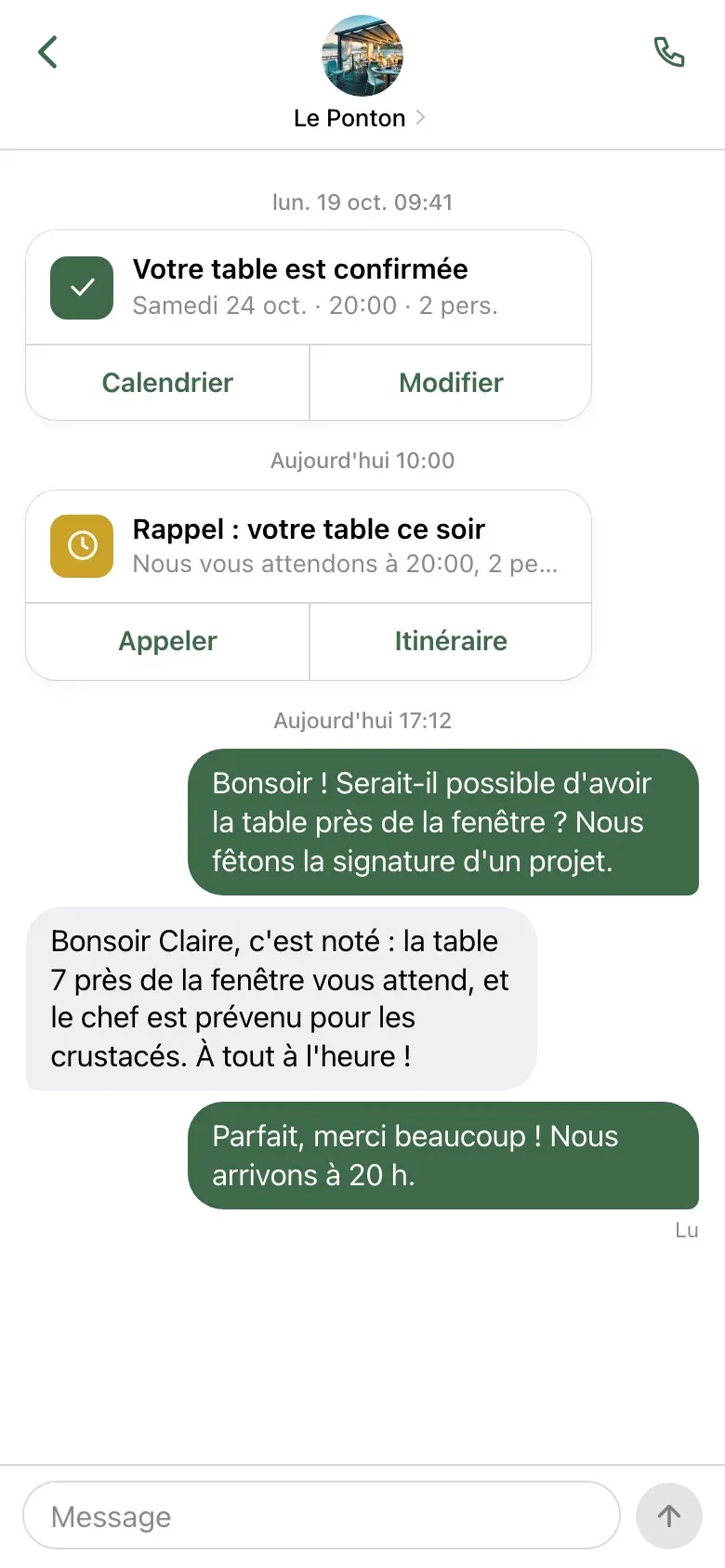 Le même échange vu dans l'app du client